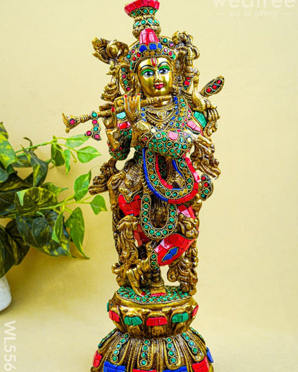 Brass Krishna Idol with Stone Work - 18 inch - WL5562 - Brass Figurines