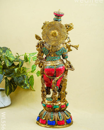 Brass Krishna Idol with Stone Work - 18 inch - WL5562 - Brass Figurines