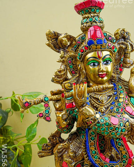 Brass Krishna Idol with Stone Work - 18 inch - WL5562 - Brass Figurines