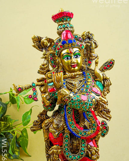 Brass Krishna Idol with Stone Work - 18 inch - WL5562 - Brass Figurines