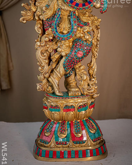 Brass Krishna Idol with Stone Work - 28 inch - WL5411 - Brass Figurines