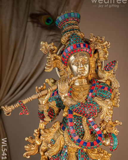 Brass Krishna Idol with Stone Work - 28 inch - WL5411 - Brass Figurines