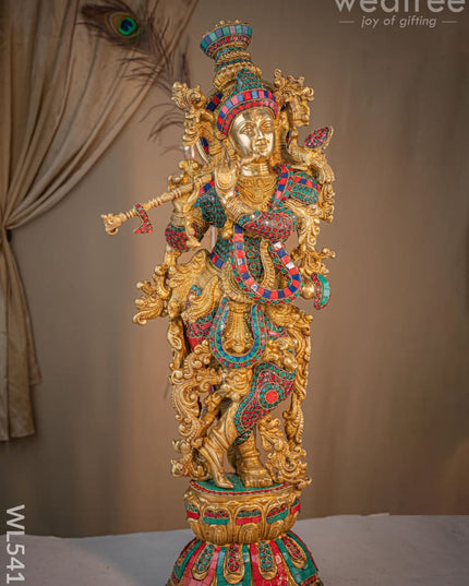 Brass Krishna Idol with Stone Work - 28 inch - WL5411 - Brass Figurines