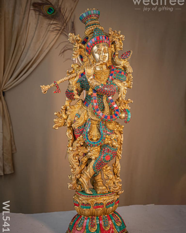 Brass Krishna Idol with Stone Work - 28 inch - WL5411 - Brass Figurines