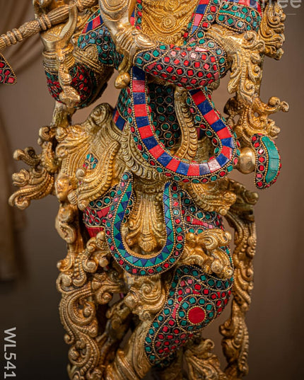 Brass Krishna Idol with Stone Work - 28 inch - WL5411 - Brass Figurines