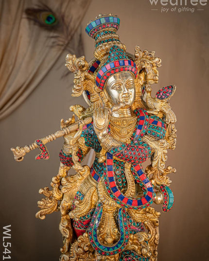 Brass Krishna Idol with Stone Work - 28 inch - WL5411 - Brass Figurines