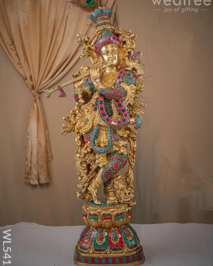 Brass Krishna Idol with Stone Work - 28 inch - WL5411 - Brass Figurines