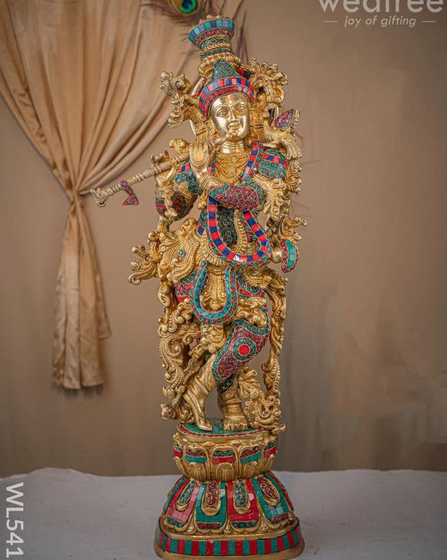 Brass Krishna Idol with Stone Work - 28 inch - WL5411 - Brass Figurines