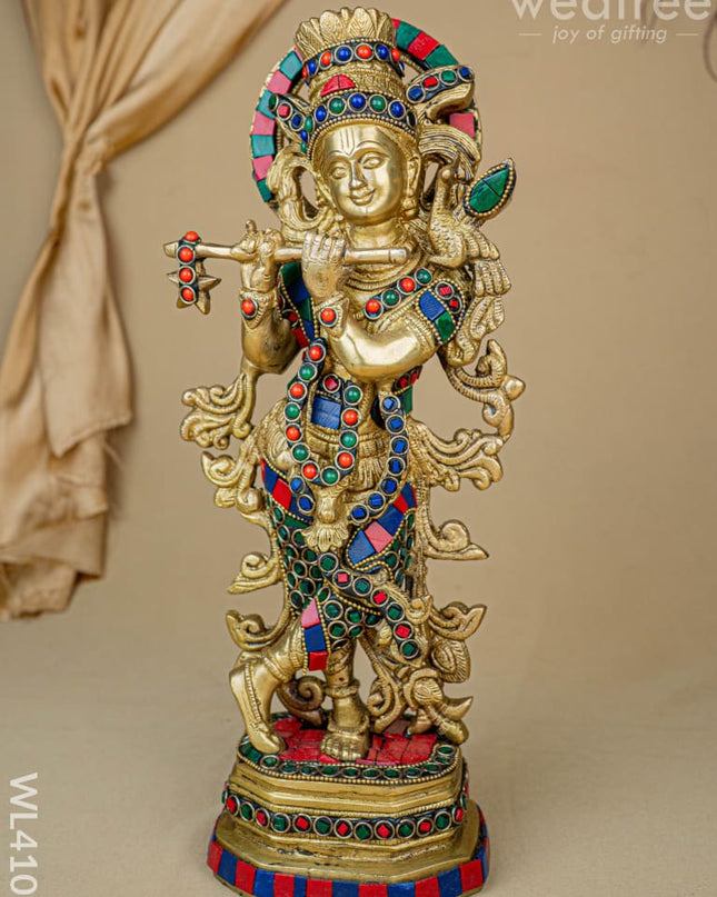 Brass Krishna Idol with Stone Work - WL4107 - Brass Figurines