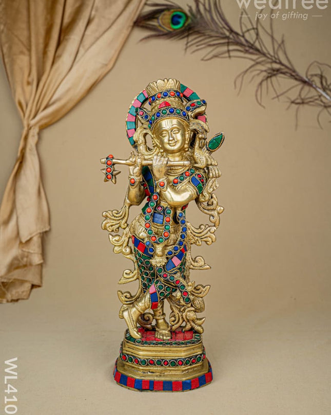 Brass Krishna Idol with Stone Work - WL4107 - Brass Figurines