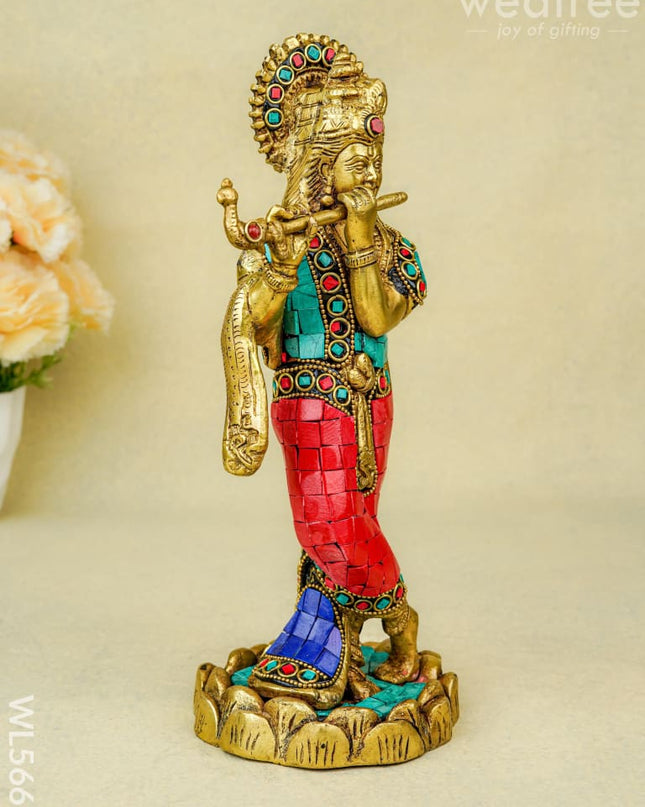 Brass Krishna Idol with Stonework - 10 inch - WL5665 - Brass Figurines