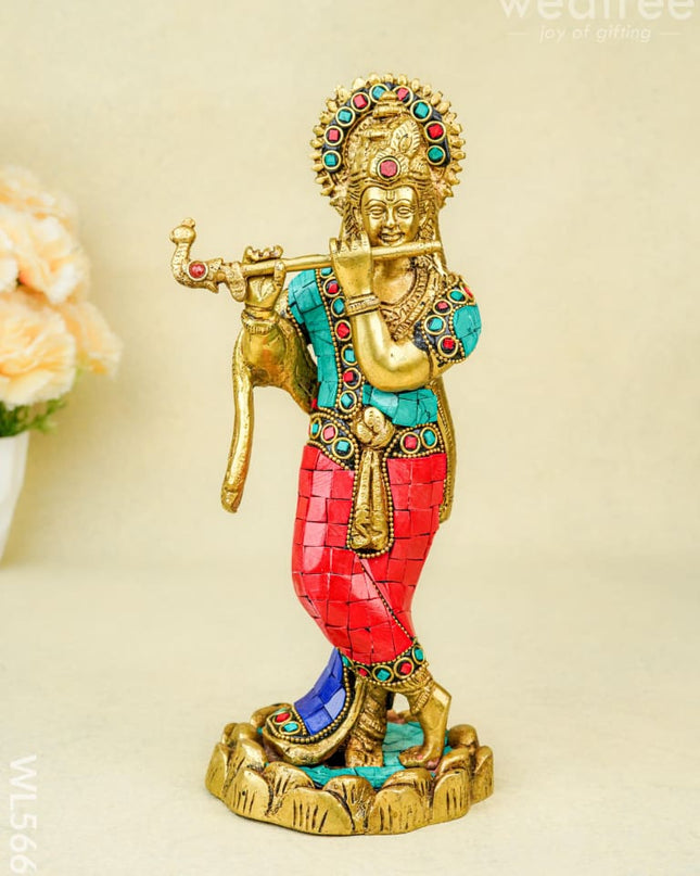 Brass Krishna Idol with Stonework - 10 inch - WL5665 - Brass Figurines