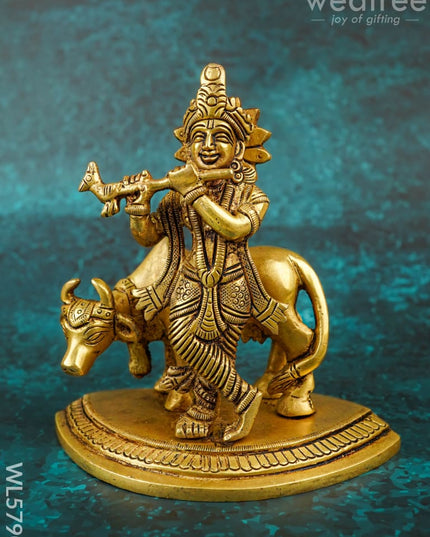 Brass Krishna with Cow - 5 inch - WL5790 - Brass Figurines