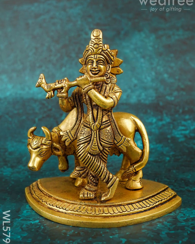 Brass Krishna with Cow - 5 inch - WL5790 - Brass Figurines