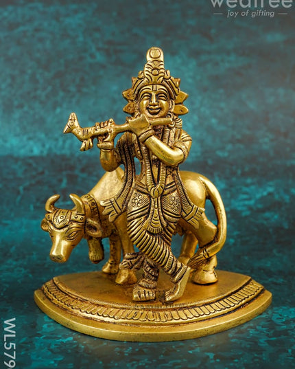 Brass Krishna with Cow - 5 inch - WL5790 - Brass Figurines