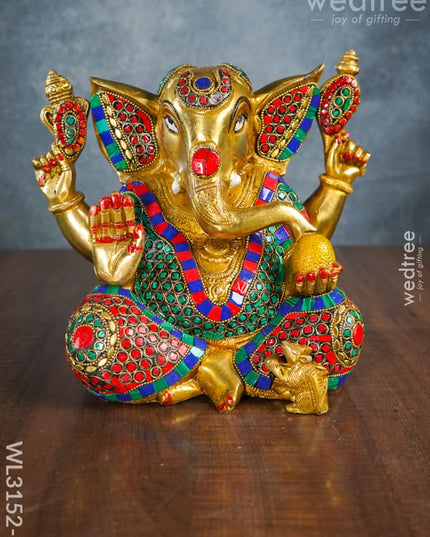 Brass Laddu Ganesha With Stone Work - Wl3152 2 Figurines