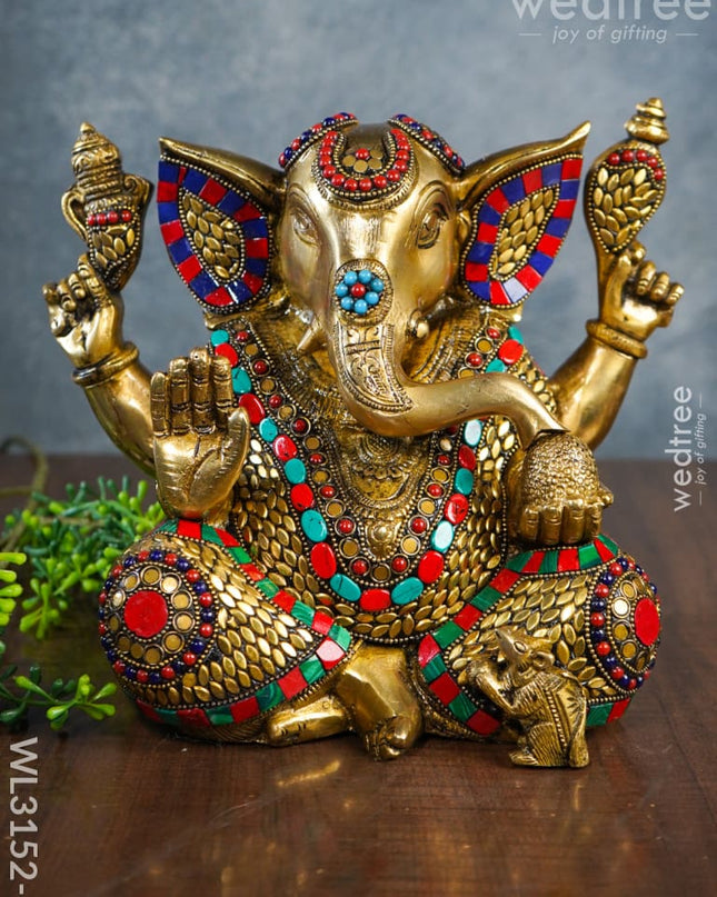 Brass Laddu Ganesha With Stone Work - Wl3152 3 Figurines