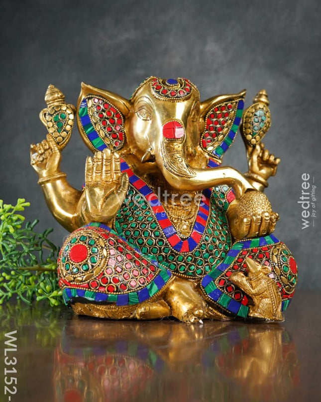 Brass Laddu Ganesha With Stone Work - Wl3152 4 Figurines
