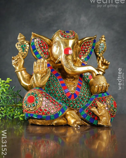 Brass Laddu Ganesha With Stone Work - Wl3152 4 Figurines