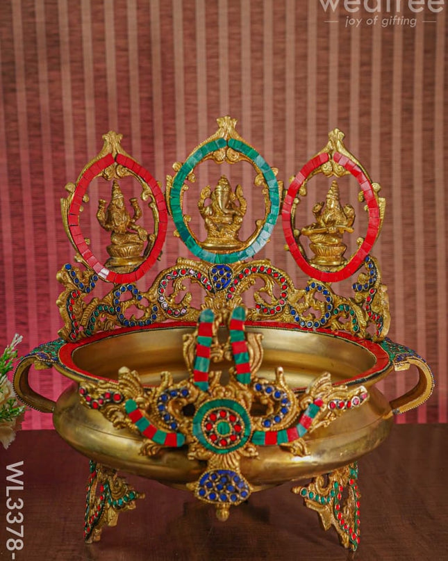 Brass Lakshmi-Ganesh-Saraswathi Urli With Stone Work - Wl3378-2