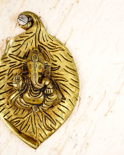 Brass Leaf Ganesha Wall Hanging - 5 inch - WL5958 - Brass Wall Hanging