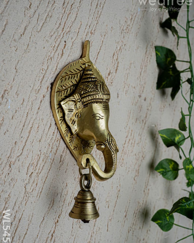 Brass Leaf Ganesha Wall Hanging with Bell - 8 inch - WL5454 - Brass Wall Hanging