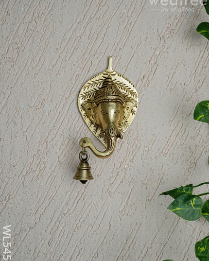 Brass Leaf Ganesha Wall Hanging with Bell - 8 inch - WL5454 - Brass Wall Hanging