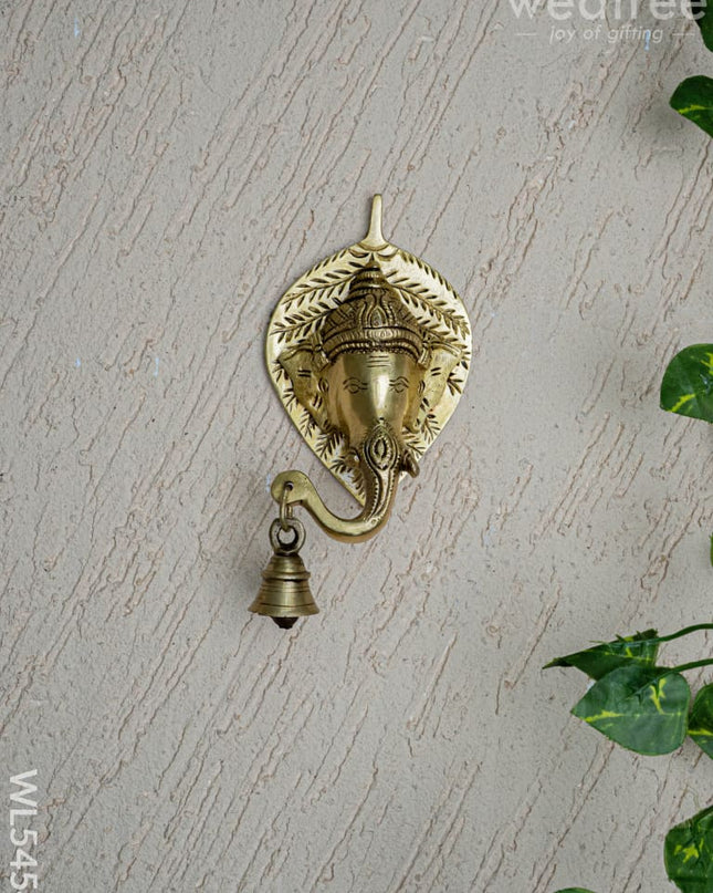 Brass Leaf Ganesha Wall Hanging with Bell - 8 inch - WL5454 - Brass Wall Hanging