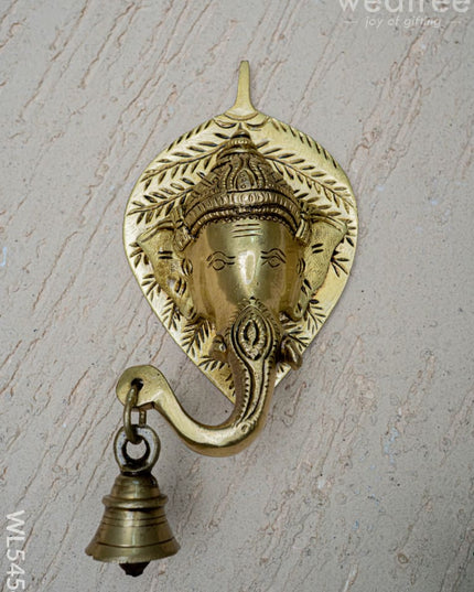 Brass Leaf Ganesha Wall Hanging with Bell - 8 inch - WL5454 - Brass Wall Hanging