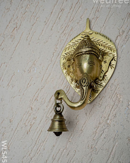 Brass Leaf Ganesha Wall Hanging with Bell - 8 inch - WL5454 - Brass Wall Hanging