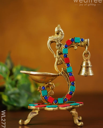 Brass Lotus Diya With Chowki & Stone Work - Wl2771