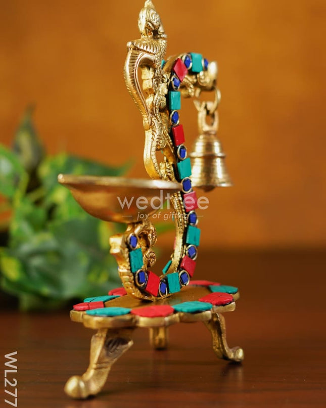 Brass Lotus Diya With Chowki & Stone Work - Wl2771
