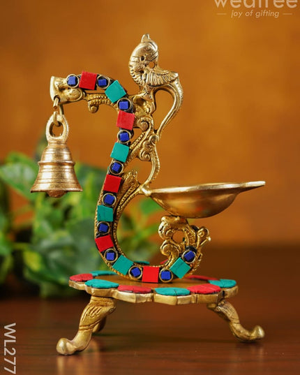 Brass Lotus Diya With Chowki & Stone Work - Wl2771