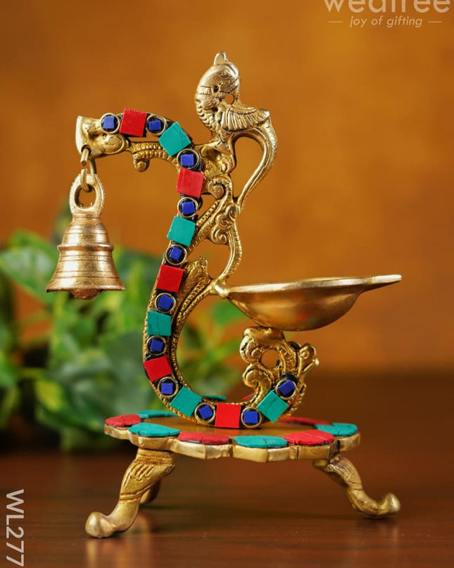 Brass Lotus Diya With Chowki & Stone Work - Wl2771