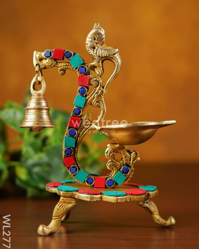Brass Lotus Diya With Chowki & Stone Work - Wl2771