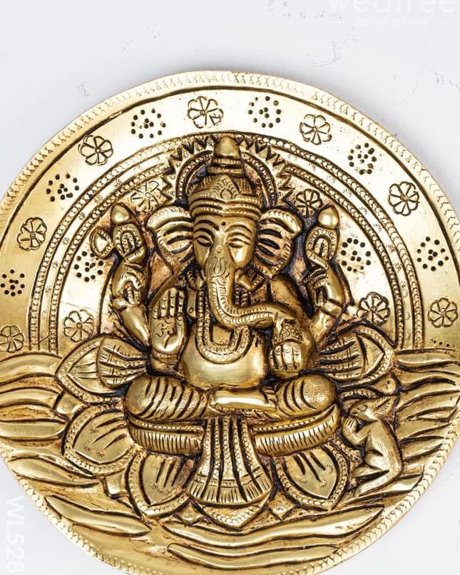 Brass Lotus Ganesha Round Plate Wall Hanging - 7 inch - WL5284 - Brass Wall Hanging