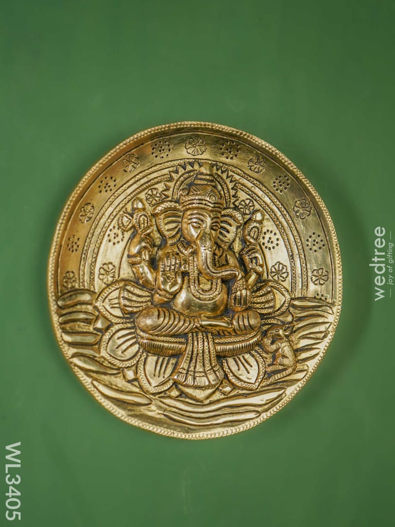 Brass Lotus Ganesha Round Plate Wall Hanging - Wl3405 Figurines