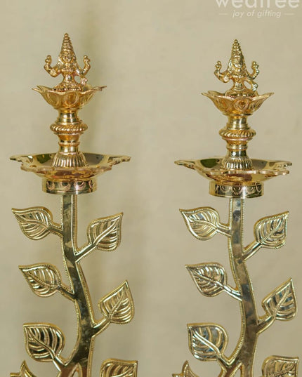 Brass Lotus Shape Kuthu Vilakku With Lakshmi Five Face Diya ( Set Of 2) - Wl2172