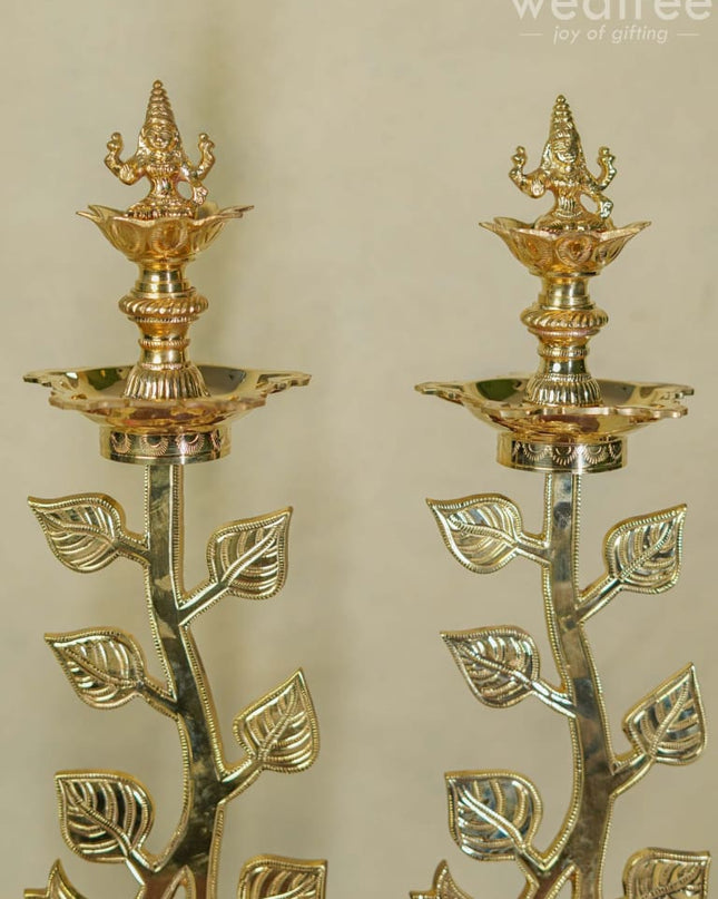 Brass Lotus Shape Kuthu Vilakku With Lakshmi Five Face Diya ( Set Of 2) - Wl2172