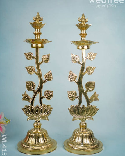 Brass Lotus Shape Kuthu Vilakku With Five Face Diya (Set Of 2) - Wl2172