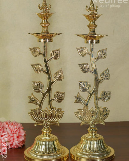 Brass Lotus Shape Kuthu Vilakku With Lakshmi Five Face Diya ( Set Of 2) - Wl2172
