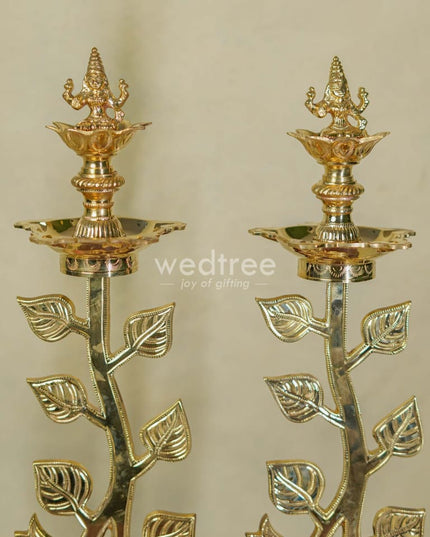 Brass Lotus Shape Kuthu Vilakku With Lakshmi Five Face Diya ( Set Of 2) - Wl2172