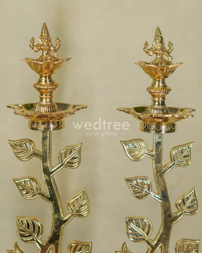 Brass Lotus Shape Kuthu Vilakku With Lakshmi Five Face Diya ( Set Of 2) - Wl2172