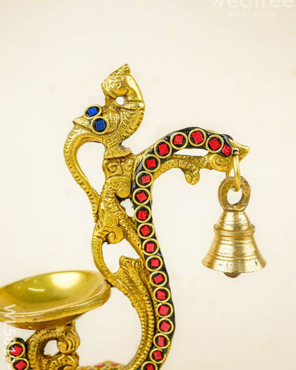 Brass Parrot Diya with Chowki & Stone Work - Blue - WL5819-1 - Brass Diya