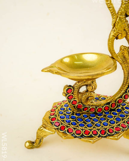 Brass Parrot Diya with Chowki & Stone Work - Blue - WL5819-1 - Brass Diya