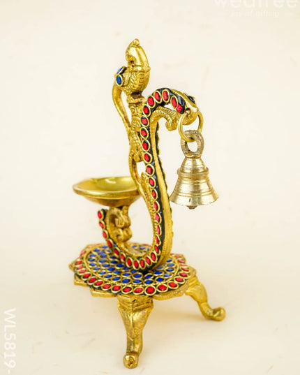 Brass Parrot Diya with Chowki & Stone Work - Blue - WL5819-1 - Brass Diya