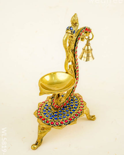 Brass Parrot Diya with Chowki & Stone Work - Blue - WL5819-1 - Brass Diya