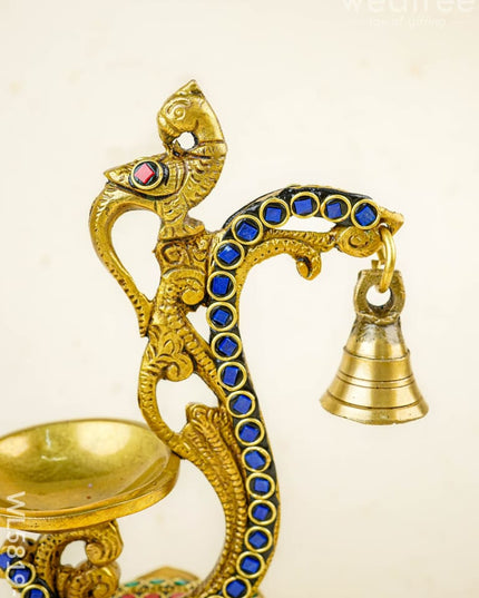 Brass Parrot Diya with Chowki & Stone Work - Green - WL5819-2 - Brass Diya