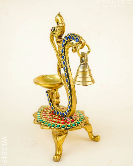 Brass Parrot Diya with Chowki & Stone Work - Green - WL5819-2 - Brass Diya
