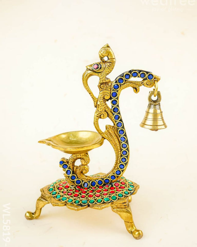 Brass Parrot Diya with Chowki & Stone Work - Green - WL5819-2 - Brass Diya